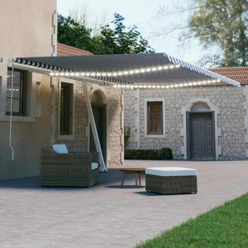 QJBSAVVA Store automatique avec éclairage LED et capteur de vent - 500 x 300 cm - Bleu et blanc - Auvent sur pied - Pour terrasse, balcon et jardin