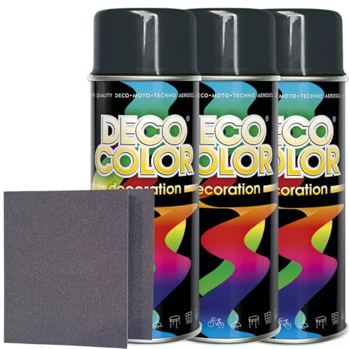 Craft-Equip DC 3er Sparpack Lackspray nach RAL in 400ml zur Lackierung von Auto Stahl Aluminium Beton Holz und 2 Stück Schleifpads (3 Dosen in anthrazit glanz RAL 7016 + 2 Stück Schleifschwamm)