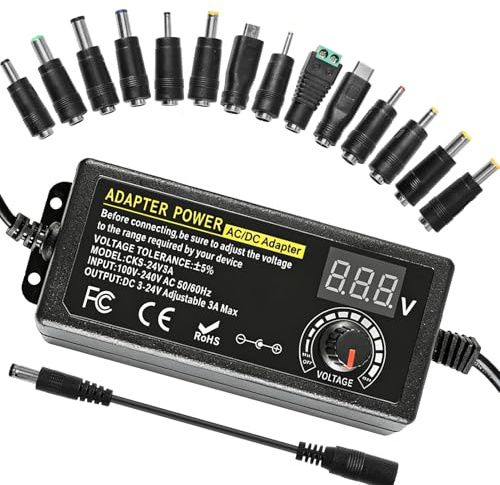 Silkwish 3-24V Einstellbares Netzteil - 3A 72W Universal Netzadapter - 100V-240V AC zu DC Transformator Konverter mit LED Spannungsanzeige und 14 Tipps & Polaritätskabel für Wasserpumpen, Lüfter
