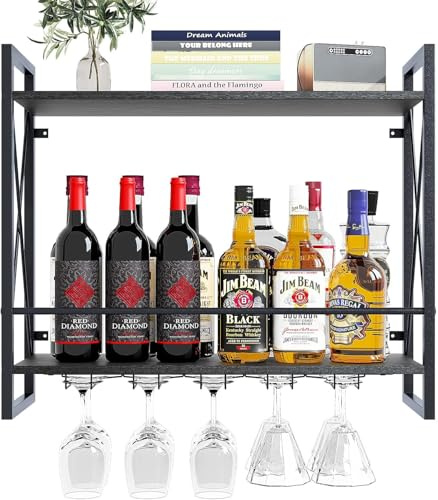 Weinregal Wandmontierte 2 Etagen, Wandregal Glas Schwimmregale mit Stemware , Moderne Weindisplay Aufbewahrungshalter , 23in Metall Holz Weinregal für Zuhause, Küche, Esszimmer, Café, Bar, Schwarz