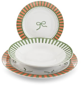 H&H Service de table Candy en porcelaine décorée forme aile 18 pièces - 6 assiettes plates 27 cm, 6 fonds 23 cm, 6 fruits 19,5 cm - Lave-vaisselle et micro-ondes