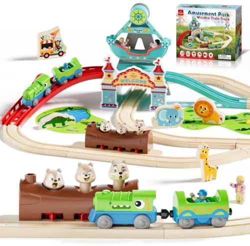 Lehoo Castle Holzeisenbahn mit Elektrischer Lok Dinosaurier, Freizeitpark Holz Eisenbahn Kinder, Holzeisenbahn Zubehör, Holz Spielzeug Geschenk für Kinder ab 3+ Jahre