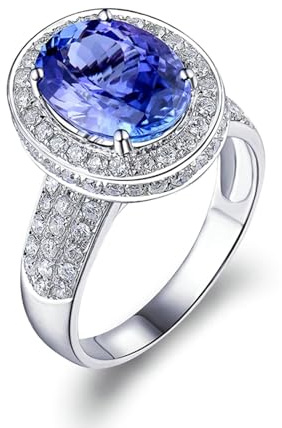 Verlobungsring Damen Vintage, Gold Ring 750 Blau 3.8 Karat Tansanit Ovale Weißgold Gr.68 (21.6) 18 Karat Weißgold