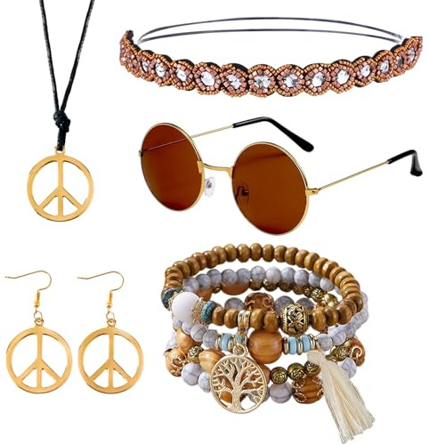 Hippie Accessoires Damen, Hippie Kostüm Damen, 60er 70er Jahre Bekleidung Kostüm, Frieden Zeichen Halskette|Ohrringe|Stirnband|Armbänder|Sonnenbrillen, Faschingskostüme Flower Power für Karneval
