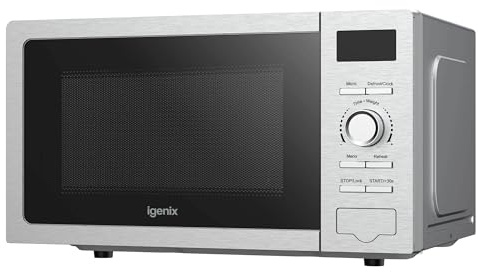 Igenix 20L 800W Stainless Steel Digital Microwave – 8 Auto Cook Programmes, 5 Power Levels, Defrost Setting, 60-Min Timer, Push Button Door, 255mm Turntable – IGMS02080SS