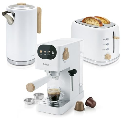 briebe Nordic Set Kaffeemaschine 20 Bar Kapseln und Kaffeemehl + Wasserkocher 1,7L 2200W + Toaster 2 Scheiben Breite mit Brötchenaufsatz, Frühstücksset Nordisches Design, Weiß