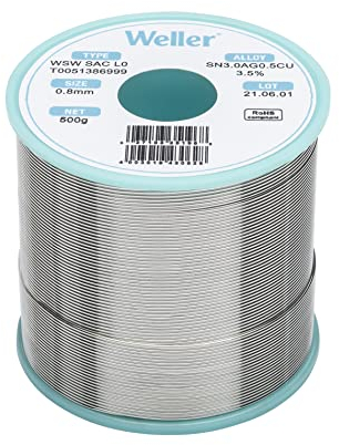 Weller WSW SAC L0 (T0051386999) Filo Saldante, Ø 0.8mm, 500g, Lega Sn96.5Ag3.0Cu0.5, Contenuto di Fondente 3,5%