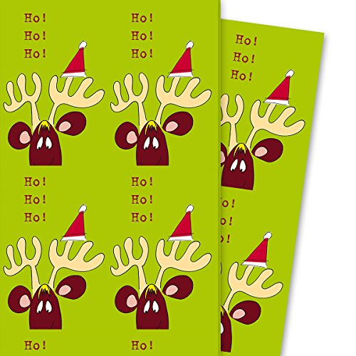 Lustiges Weihnachtspapier/Weihnachts Geschenkpapier mit komischem Elch: Ho Ho Ho, grün (4 Bögen, 32 x 48 cm) Dekorpapier, Papier zum Einpacken, für tolle Geschenk Verpackung und Überraschungen