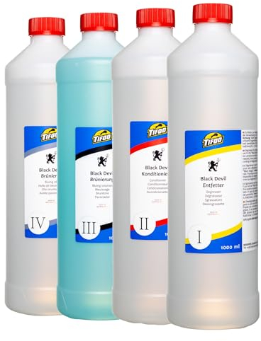 Hochwertiges Brünier-Set (4 x 1000 ml) - Brüniermittel/Brünierung zum Brünieren von Stahl -Konzentrat für Kaltbrünierung und Tauchbrünierung – Schnellbrünierung zum Tauchen und Streichen