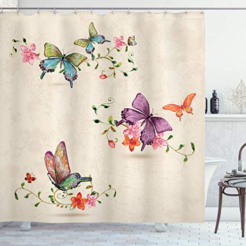ABAKUHAUS Duschvorhang, Schmetterlinge in Vielen Feminine Illustration Rosa Violett Hellblau Grau, Blickdicht aus Stoff inkl. 12 Ringen Umweltfreundlich Waschbar, 175 X 200 cm, Beige