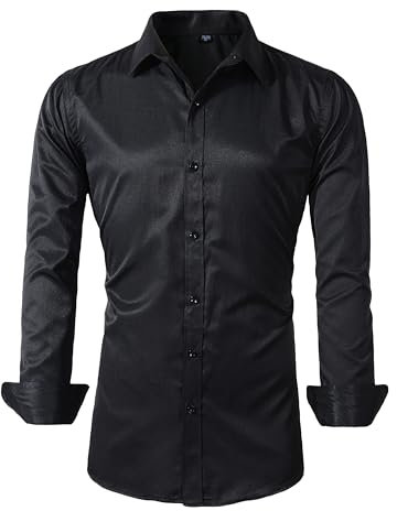 Mens Long Sleeve Dress Shirts Slim Fit Casual Business Formal Button Down Shirt (C455 Black, L)