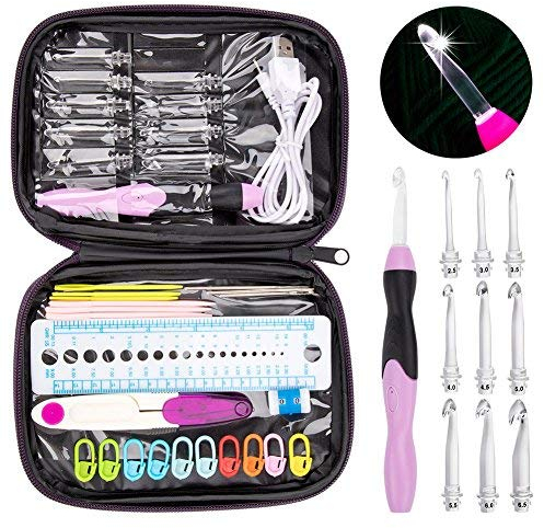 Vidillo Häkelnadel Set Ergonomisch häkelnadeln licht Haken, 9 Beleuchtung austauschbare LED Köpfe Haken Sets, Ergonomische softgriff Comfort Grip,34 STK. in Einem Häkelnadeln Tasche-Stricken (Purple)