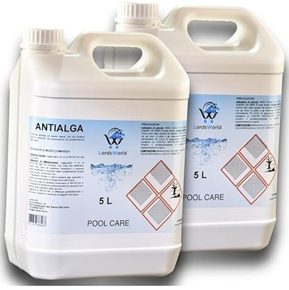 LordsWorld Pool Care - Antialga per Piscina - Idoneo per Piscina Fuori Terra, Interrata Spa e Jacuzzi, Azzurrante Acqua Limpida - Adatto a Regolatore Ph Piscina Automatico, Piscine Acqua e Sale (10Lt)
