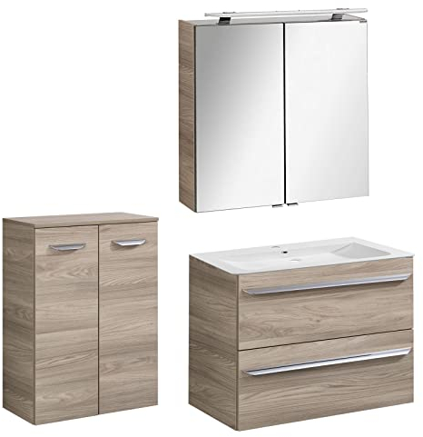 FACKELMANN hellbraunes Badmöbel Set 4-TLG. Luxor hängend Waschbecken 80 cm & LED Spiegelschrank