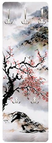 Bilderwelten Garderobe - Japanische Aquarell Zeichnung Kirschbaum und Berge, Größe HxB:105cm x 34cm