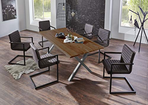 SAM 7tlg. Essgruppe Xanten, Baumkantentisch 200 x 100 cm + 6 x Stuhl Parzivo Stoff Wildlederoptik, Akazienholz nussbaum, X-Gestell aus Metall Silber, Unikat