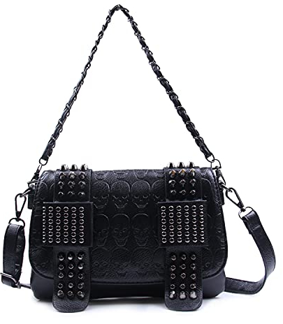 Syrads Damen Punk Style Umhängetasche Pu-Leder mit Totenkopf-Print Handtasche Schwarz Schulter Geldbörse