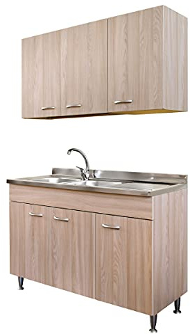 Yellowshop | Composizione cucina 120 cm versione dx o sx 3 ante finitura Olmo con lavello, scolapiatti e pensile serie Basic (Versione Dx)