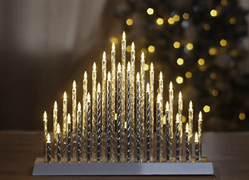 Marco Paul 33 White LED Candle Bridge Arch Tower - Mains Operated Modern Silver Pipe LED Xmas Candles - Christmas Decorations Candlebridge for Window Table Home Decor
