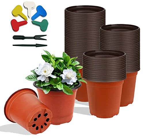BARVERE Pots de Fleurs - 100 Pièces de Pots Plastiques avec 10 Étiquettes & 2 Outils de Semis, Conçu pour Semis et Repousse Intérieurs, Pot Semis et Godets Semis de Qualité