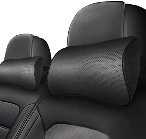 wattstar Set mit 2 Stützkissen – Autokopfkissen aus weichem Echtleder, zur Unterstützung des Nackens, Auto-Kissen aus Memory-Schaum, um Nackenschmerzen zu lindern, Schwarz