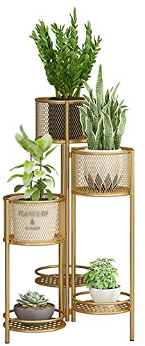 DREANNI 6-Schichtiger Pflanzenständer, Blumentopfregal Aus Metall, Faltbarer Blumenständer, Golden, Weiß, Schwarz, Für Terrasse, Garten, Balkon, Wohnzimmer/85Cm/Golden