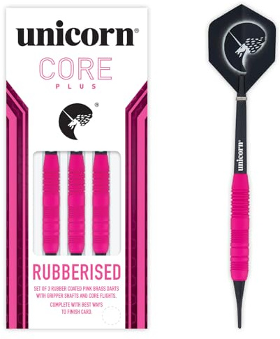 Unicorn Soft Tip Darts Set, Core Plus, Soft Touch Smooth Rubberised Brass Barrels, 16 g, 17 g, 18 g or 19 g