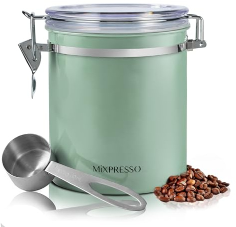 Mixpresso Green Coffee Canister, 16oz Airtight Stainless Steel Kitchen Food Storage Container with Clear Lid and Spoon. for Grounds Coffee, Beans, Tea, Flour, Cereal, Vacuum Sealed Sugar Container