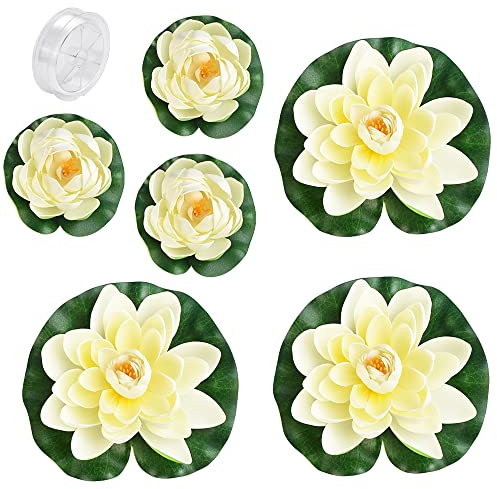 HAOMEEDUO Set da 6 Ninfee Artificiali Galleggianti Fiori di Loto Finti Realistici 3 x 10cm e 3 x 18cm Decorazioni per Laghetti, Fontane, Acquari e Piscine, Resistenti agli Agenti Atmosferici (Beige)