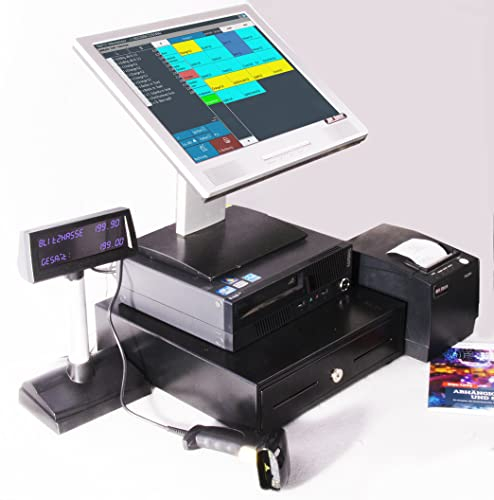 15 Kassensystem für Einzelhandel mit Touchscreen, Scanner, Bondrucker und Kundendisplay – Kasse für Lebensmittelladen, Supermarkt, Lotto-Totto, Kiosk – ohne ABO – TSE-konform