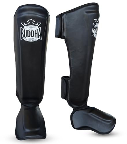 Buddha Fight Wear - Espinilleras Muay Thai, MMA y Kick Boxing Modelo Epic - Fabricadas en Piel Sintética de Última Generación - Costuras más Resistentes y reforzadas (Negro, L)