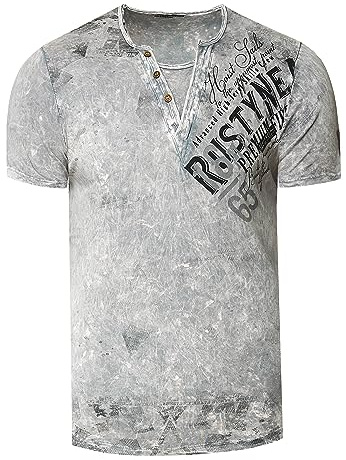 T-Shirt Herren Verwaschen Used Look Seitlicher Logo Print Rundhals mit Knopfleiste V-Neck Optik 240