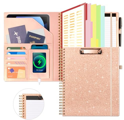 Roségoldenes Leder-Spiral-Padfolio-Klemmbrett mit Stauraum für Frauen, Portfolio 5 Ordner mit 10 Taschen, faltbarer Organizer, Ordner mit elastischem Band, Notizblock