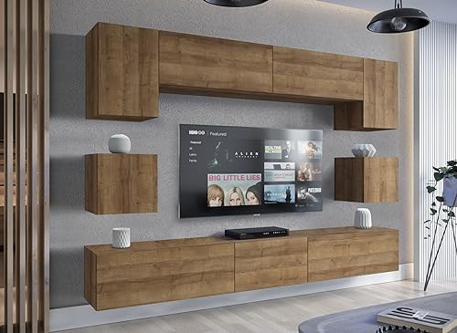 Furnitech Wohnwand Wohnzimmer | Hängend Wohnwand Modern | Wohnzimmer Schrankwand mit Regale und TV Schrank | Wohnzimmer Möbel ohne LED (Nowara AN1-17DZ-M51 1B)