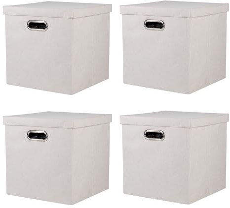 ArcaGuru Storage Bins with Lids, Collapsible Linen Fabric Boxes Organizer Containers with Lid Foldable Storage Box Basket for Closet, Shelves, Home, Office, 30.5 x 30.5 x 30.5 CM, 4 Pack, Beige