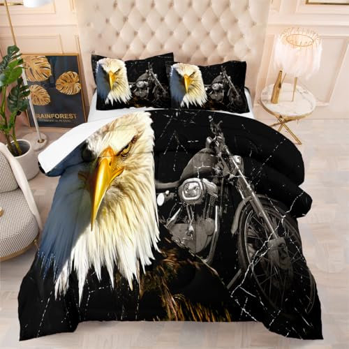 ZZXHG Doppel-Bettwäsche-Set – 3D Black Eagle Twin Comforter Set, h Arley David Son Wende-Bettwäsche-Set für Doppelbett, 3-teilig für alle Jahreszeiten, 1 Bettdecke (172,7 x 223,5 cm) und 2