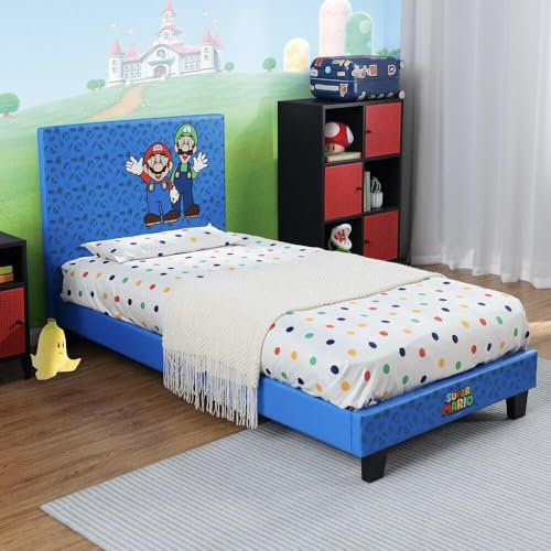 X-Rocker Official Nintendo Super Mario Gaming Bed for Kids, 3ft Single Bedstead Frame, Wooden Slats, PU Faux Leather Upholstered Headboard, Mario & Luigi with 90x190cm Mattress Included - BLUE