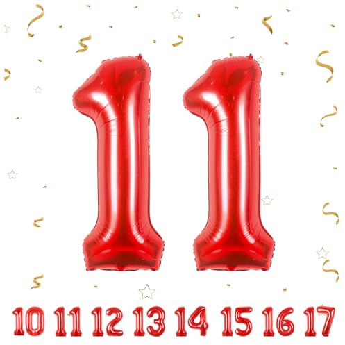 11 Geburtstag Deko zahlen luftballon 11 jahre | Folienballon Rot - für 11. Geburtstagsdeko Männer Frauen Ballon Zahl Deko zum Geburtstag fliegt mit Helium 11.Geburtstagsparty 40-101cm