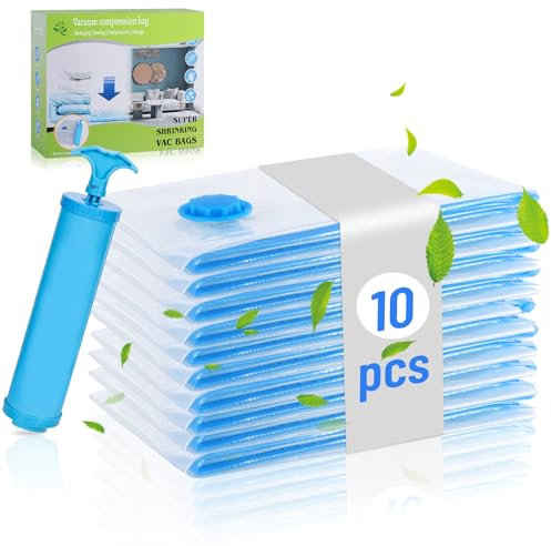 Chuner 10er Set Vakuumbeutel für Kleidung 70x50cm, PA & PE Material, 80% Platz Sparen Vakuum Kleiderbeutel Wiederverwendbare Vacuum Bags for Clothing, Handpumpe Enthalten
