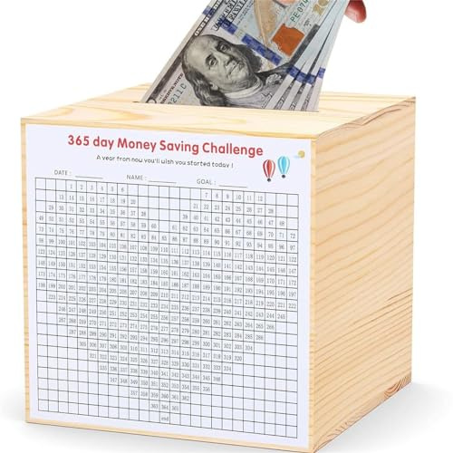Uixxducc 2024 Hölzernes Spardose mit 365 Tage Countdown, Sparschwein - Taufgeschenke für Junge/Mädchen - Geschenk zur Geburt