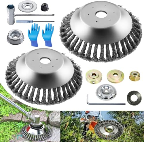 2 Stücke Unkrautbürste für Rasentrimmer,Profi Unkrautbürste für Freischneider Wildkrautbürste für Motorsense,Drahtbürste für Freischneider Inkl Installationszubehör,mit 20-25,4mm Konverter(6+8 Zoll)