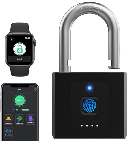 Fingerprint Padlock eLinkSmart Keyless Heavy Duty Padlock Outdoor Waterproof 1CM Shackle with 2600 Pounds Tensile Strength, Phone or Watch App Unlock,320mAh Long Last