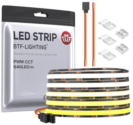 BTF-LIGHTING FCOB COB CCT Bande LED 3000K-6000K CCT Réglable DC24V 5M 640LEDs/m 14W/M 10mm Noir PCB Flexible Haute Densité Ruban LED IP30 Non étanche pour Décoration Intérieure (Bande uniquement)