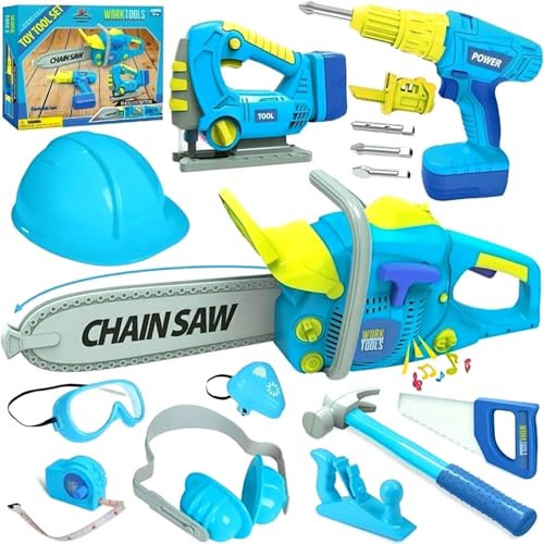 ANYCESO Toy Tool Set for Kids, Toddler Construction Toys with Drill, Chainsaw, Helmet, 3+ Years (BLUE)