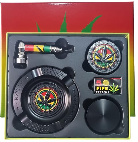 Zactly Exclusive 5 in 1 Smoker Smoking Accessories Kit 2 Collection Bundle, Tobacco Metal Ashtray + 4-Tier Crusher + Smoking Pipe + Steel Mesh/Filter and Presentable Gift Box (Black Design)