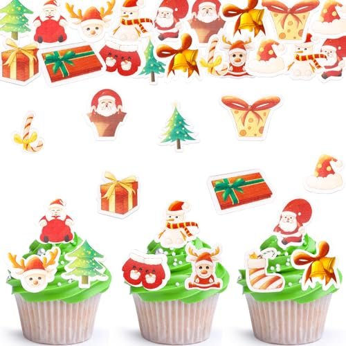 ENLACE Tortendeko Weihnachten Essbar, 48 Stück Kuchen Deko, Cupcake Topper, Esspapier Muffin Deko, Essbare Weihnachtsdeko Backen