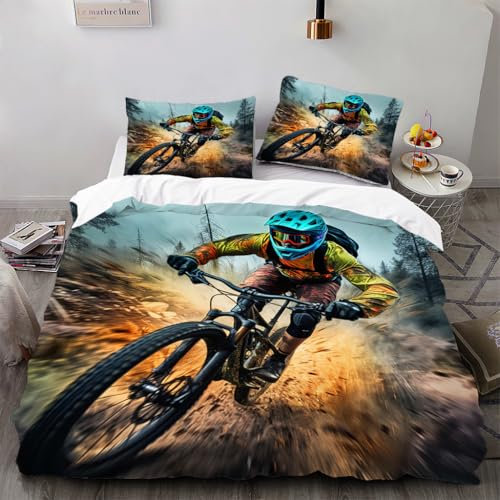 Ruiqieor Bettwäsche 135x200cm,Downhill Mountainbike Motiv Bettwäsche-Set Baumwolle Mikrofaser 1 Bettbezug + 2 Kopfkissenbezug 80x80cm mit Reißverschluss（#12）