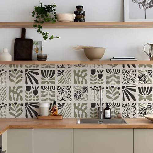 Alwayspon Tile Sticker, 25PcsX15cm/6inch Sage Green Leaf Self Adhesive Stick on Tiles Transfer Sticker for Bathroom Kitchen, Splashback, Peel and Stick Vinyl Floor Wall Tiles Sticker