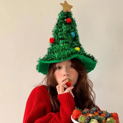 Ahuuen Weihnachtsbaum Hut | Weihnachtsmütze | Tannenbaum Hut | Hut Weihnachtsschmuck | Grüner Filzhut Mit Goldenem Stern Und Girlanden | Weihnachts Mütze Für Weihnachten, Karneval