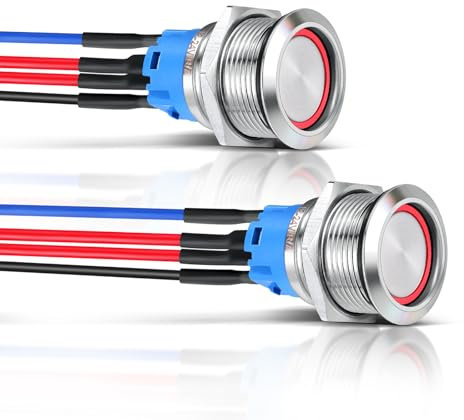 acegoo 12V Interruptores de Botón ON/OFF 19mm 5A Interruptor de Autobloqueo Retroiluminado para Camper Autocaravana, Barco, Camión, Coche, Precableado 12V/24V (2Pcs, Plata)